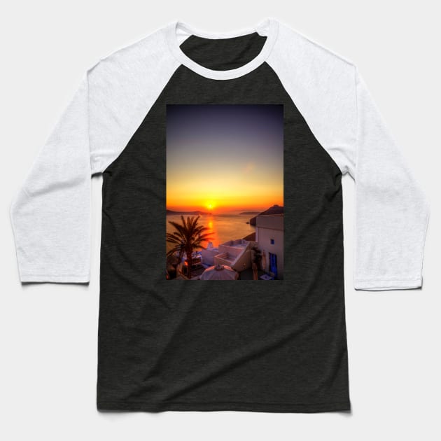 Santorini Golden Sunset Baseball T-Shirt by tommysphotos